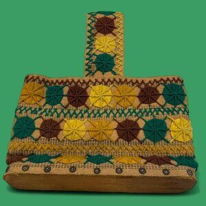 Vintage 1970’s‎ Yellow/Green/Brown Embroidered Burlap Bag with Wood Base